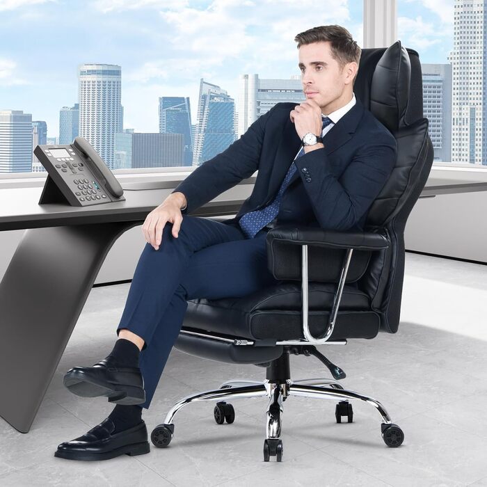 Ергономічне крісло для офісу з висувною підніжкою, регульоване по висоті, велика м'яка спинка, індивідуальна підтримка попереку, крісло для начальника з PU-шкіри, чорне з підніжкою