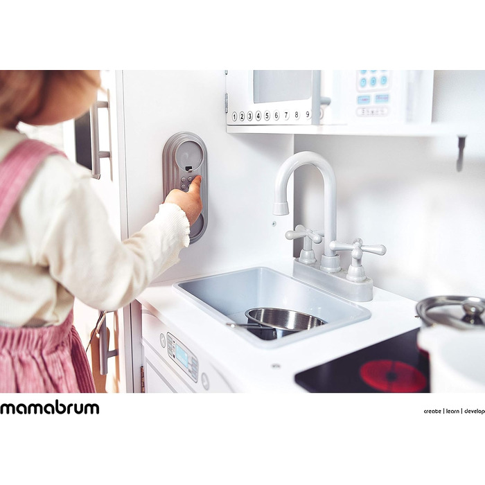 Дитяча дерев'яна кухня Mamabrum з LED-підсвічуванням. Регульована висота, набір з аксесуарами (крижанка, мікрохвильова піч, плита, посудомийна машина). Іграшка для дітей від 3 років (кухня для хлопчиків та дівчаток, білий колір)