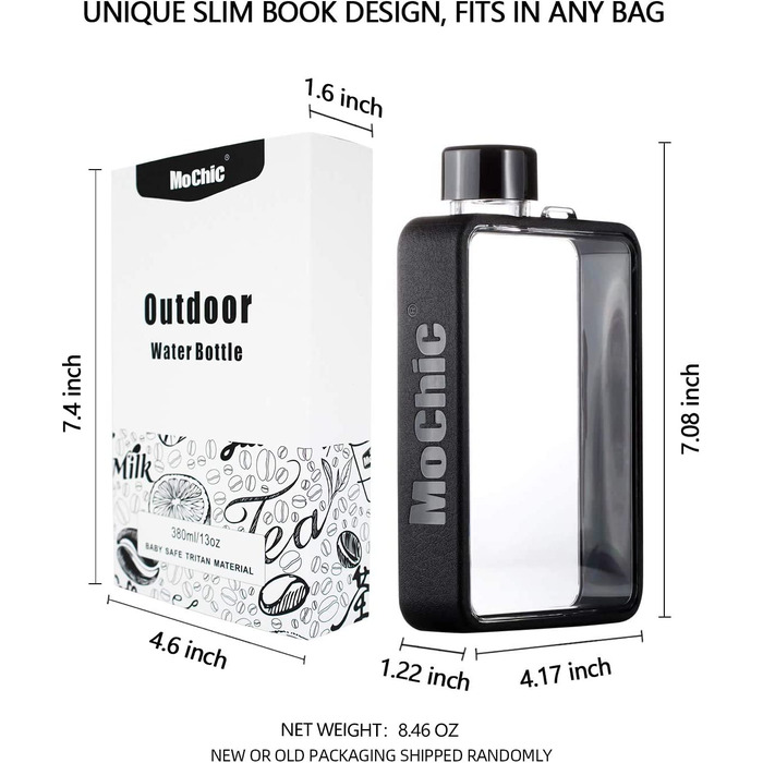Плоска пляшка для пиття MoChic Дорожня пляшка портативна пляшка для води A5 без BPA, підходить для кемпінгу, тренажерного залу, занять спортом на свіжому повітрі тощо, 13 унцій поміщається в будь-яку кишеню (чорний)