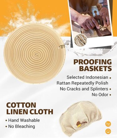 Набір для приготування закваски для початківців: бродові корзини (22.9 см та 25.4 см), склянка для закваски 1000 мл, аксесуари для випічки з індонезійського ротангу