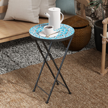 Outsunny Side Table Складаний садовий стіл з мозаїчним дизайном, Ø35,5 x 55 см Круглий стійкий до погодних умов металевий балконний стіл, Кемпінговий стіл Розкладний стіл Журнальний столик для вітальні, офіс, Відкритий Внутрішній, Синій, Синій
