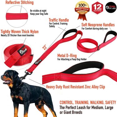 Повідець для собак Primal Pet Gear довжиною 1,8 м з м'якою підкладкою, з двома ручками, міцний, з подвійними ручками, для контролю і безпеки, для великих собак або собак середнього розміру, з двома ручками, червоний