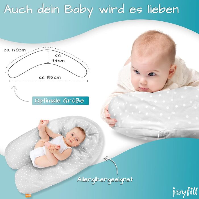 Подушка для годування Joyfill® Premium Stillkissen з мікроперлин, 170 см - ідеальна для сну та годування. Зручна та тиха завдяки наповнювачу з мікроперлин. Бічна подушка для годування, 100% Made in Germany. Сірий колір, в горошок.