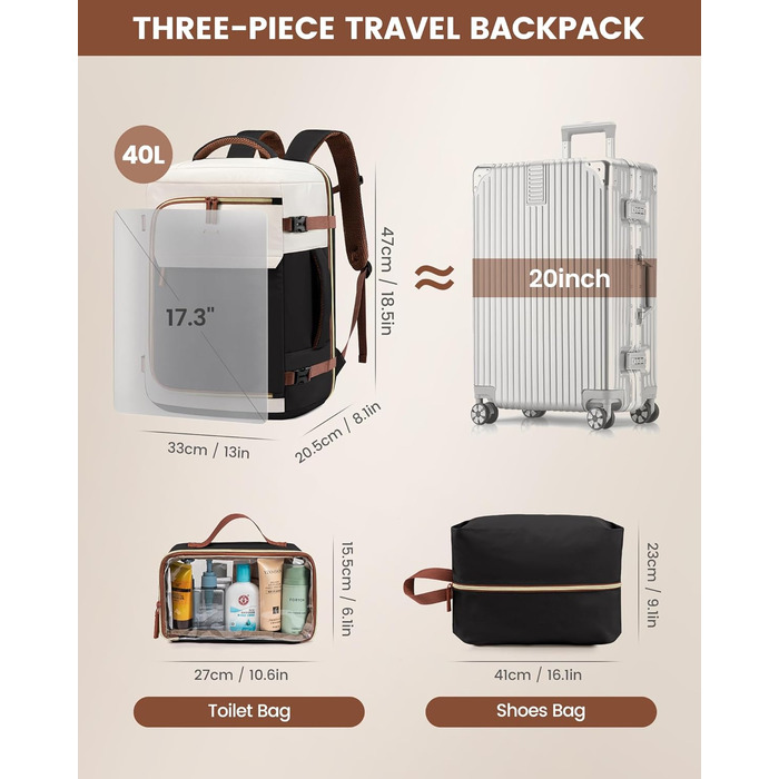 Рюкзак для подорожей LOVEVOOK 40L для жінок, ручна поклажа, рюкзак для авіаперельотів, сумка-рюкзак для бізнесу, школи, вихідних, бежевий хакі (17 дюймів, 40L, чорний+бежевий+коричневий)