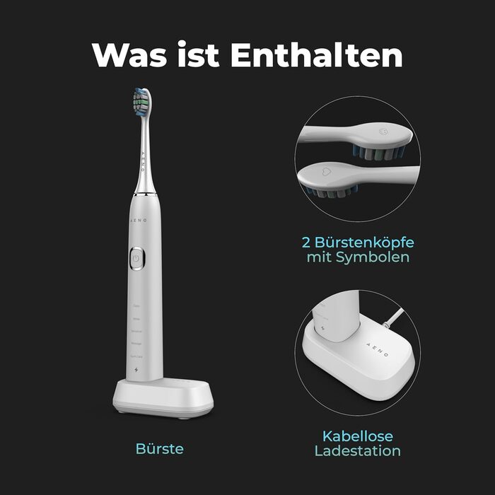 Електрична зубна щітка AENO DB6 Sonic – 5 режимів, 40 днів роботи, бездротове заряджання, преміум-щітинки, нагадування про заміну насадки, 46000 вібрацій/хв.