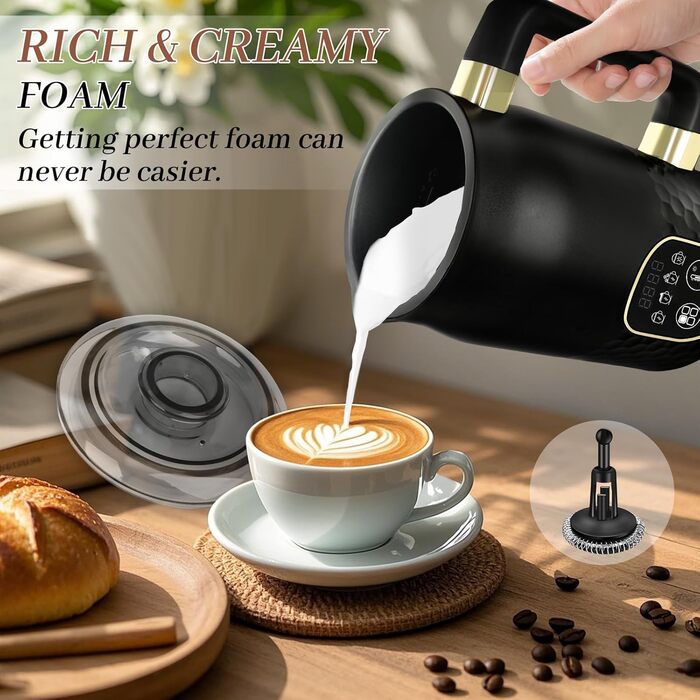 Електричний піноутворювач молока 4-в-1 з контролем температури. Підходить для капучино, лате та гарячого шоколаду. 2 насадки для різних типів пінки.