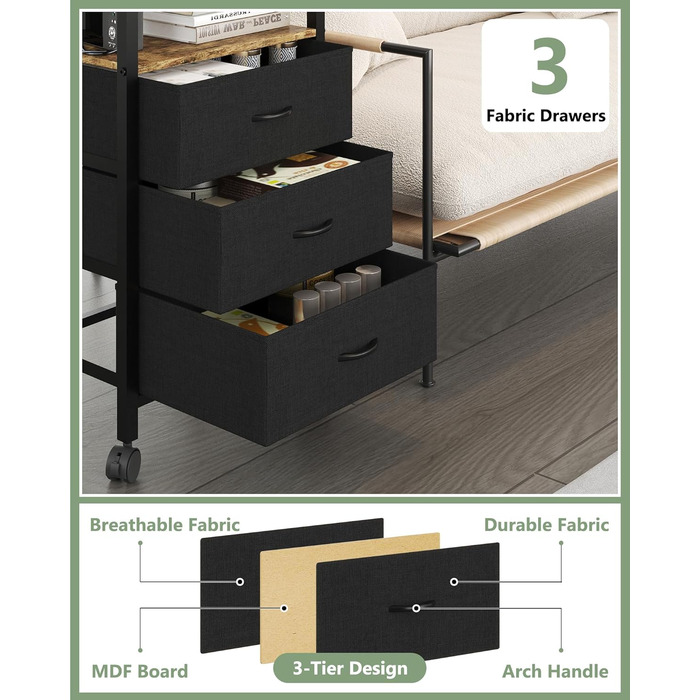 Нічний столик з бездротовою зарядкою, 2 розетки AC та 2 USB-порти, 3 шухляди, коліщатка, вінтажний дизайн, чорно-коричневий (для вітальні, спальні)