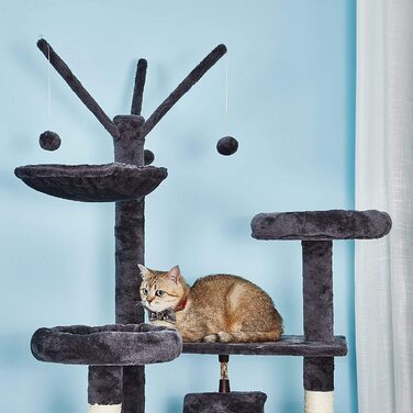 Котяче дерево з морської фіалки для великих кішок XXL, міцне котяче дерево товщиною 210 см, з розширеною і потовщеною нижньою пластиною, високоякісним сизалем і 2 будиночками сірого кольору.