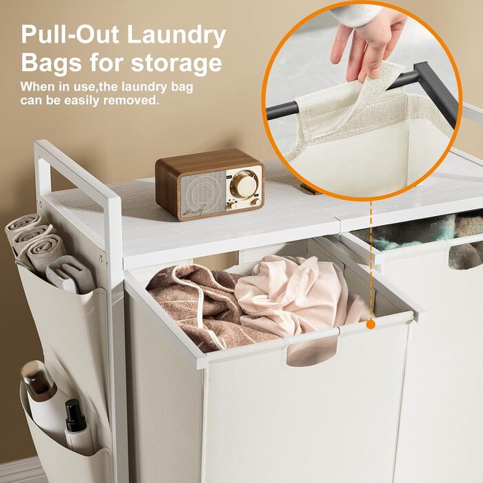 WOWLIVE Подвійний кошик для білизни з кришкою, на колесах, з металу, сортувальник білизни з верхньою полицею та 2 знімними мішками, велике зберігання одягу для кімнати (110л, білий/оптичний сад)