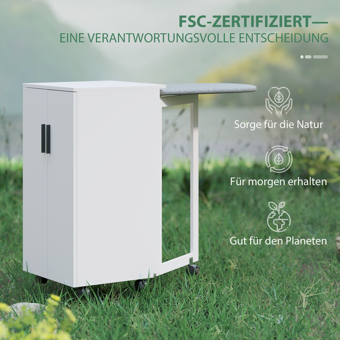 Складаний шафа-прасувальна дошка 2-в-1 на колесах з регульованою полицею для маленьких приміщень, білий