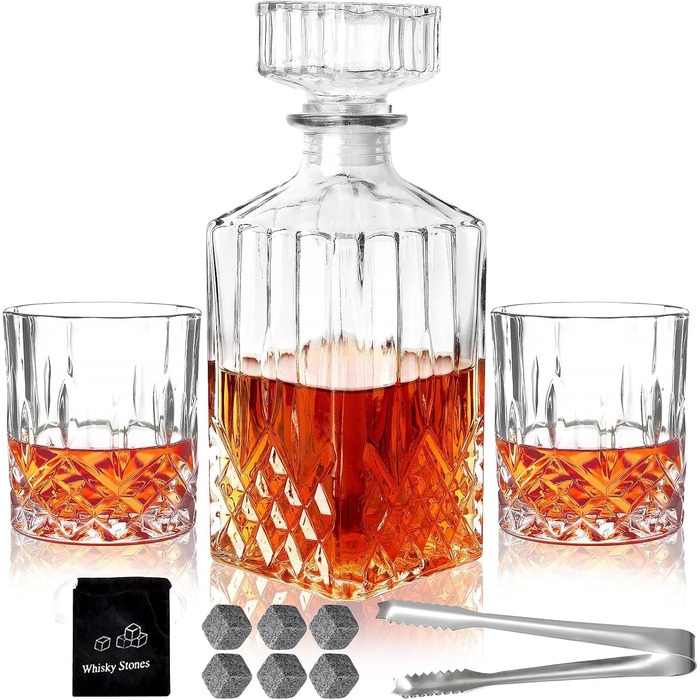 Набір для віскі: декантир, 6 склянок, охолоджуючі камені, кліп. Без свинцю. Преміум якість. Ідеальний подарунок для чоловіків
