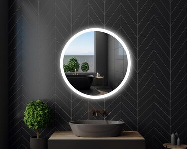 Круглий дзеркало для ванної кімнати 80 см з LED підсвічуванням та сенсорним вимикачем, натурально-біле світло (діаметр 80 см)