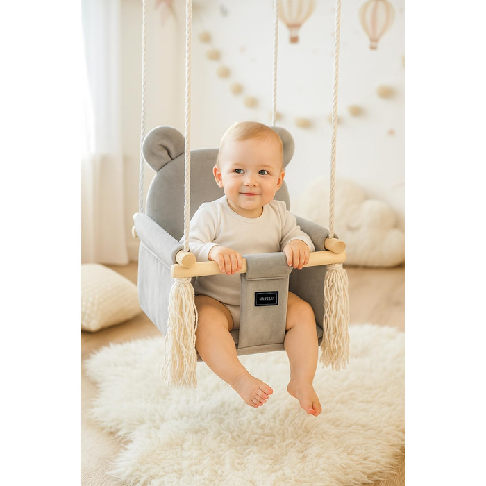 NATILU® Дитяча гойдалка для дому та саду | Велюр Сірий Ведмідь | Дерев'яна гойдалка | Гойдалка для малюків | Гойдалка для саду | Гойдалка для дітей від 6 місяців