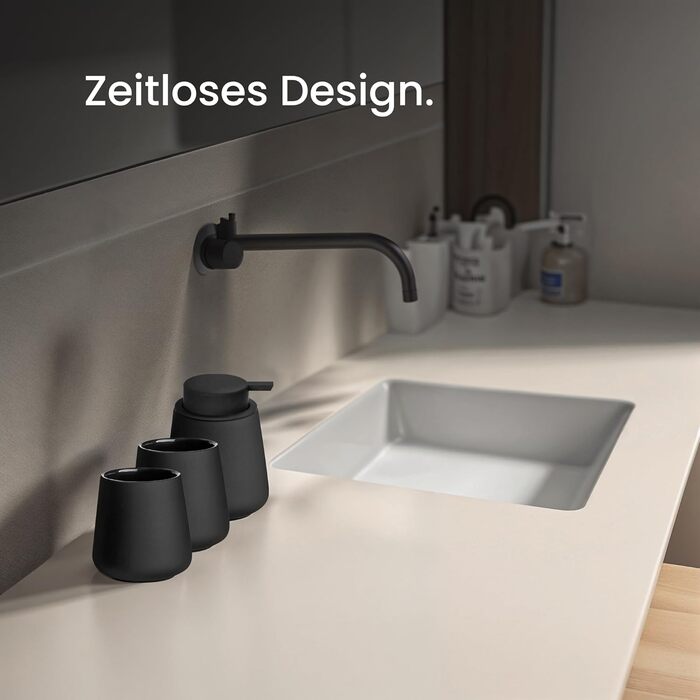 Комплект аксесуарів для ванної кімнати: кераміка преміум-якості, дозатор для мила, 2 склянки, знімна щітка для унітазу - скандинавський дизайн, матовий чорний, 4 шт.