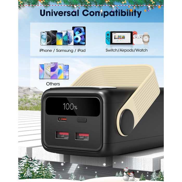 Power Bank 60000mAh Große Kapazität: Портативний акумулятор 60000mAh з USB-C, 3 виходи, 22.5W, для ноутбука, смартфона, планшета (Чорний)