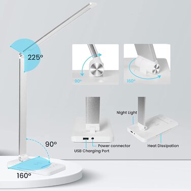 Світлодіодна настільна лампа з бездротовою зарядкою 10 Вт, функцією зарядки USB, настільна лампа для офісу з 10 рівнями яскравості x 5 кольорів, зручною для очей світлодіодним регулюванням яскравості, чутливим управлінням, автоматичним таймером на 30/60 х