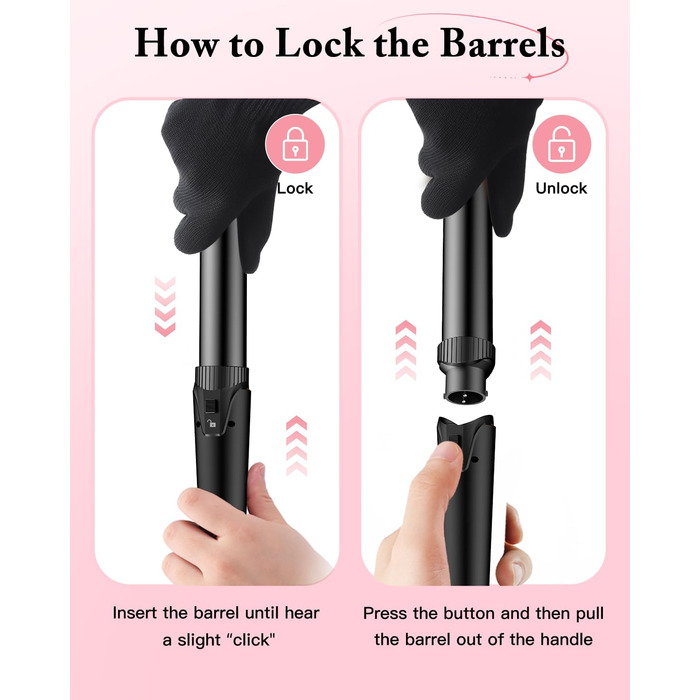 BESTOPE PRO Локкенстаб: Набір для завивки волосся 5-в-1 з 3 насадками, регулюванням температури, швидким нагрівом та рукавичкою. Рожеве золото (Чорний)