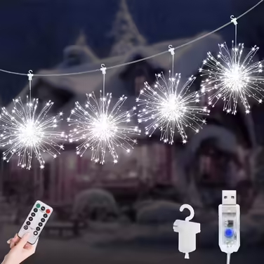 Гірлянда JIMACRO LED 4 шт. 120 LED, феєрверк, зірковий спалах, USB, 8 режимів, водонепроникна, з пультом, для вулиці та приміщення, біла, для Нового року, весілля, вечірки