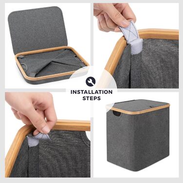 Кошик для білизни Rieeyrslza з кришкою, 158 л, бамбук, 2 знімні мішки для білизни, Oxford, складний, сортувальник, для ковдр та одягу (сірий)