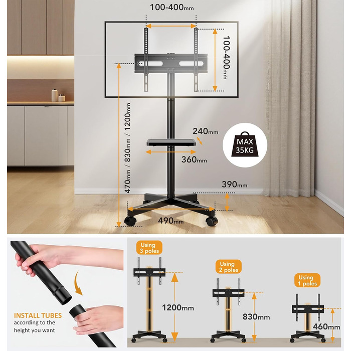Підставка для телевізора мобільна з колесами Hemudu 23-60 дюймів, до 35 кг, VESA 400x400 мм, регульована висота