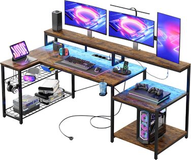 Ігровий стіл Bestier 181x80 см з LED-підсвіткою, L-подібний, 3 розетки AC, 2 USB, для комп'ютера, з великою платформою для монітора, карбон (коричневий)