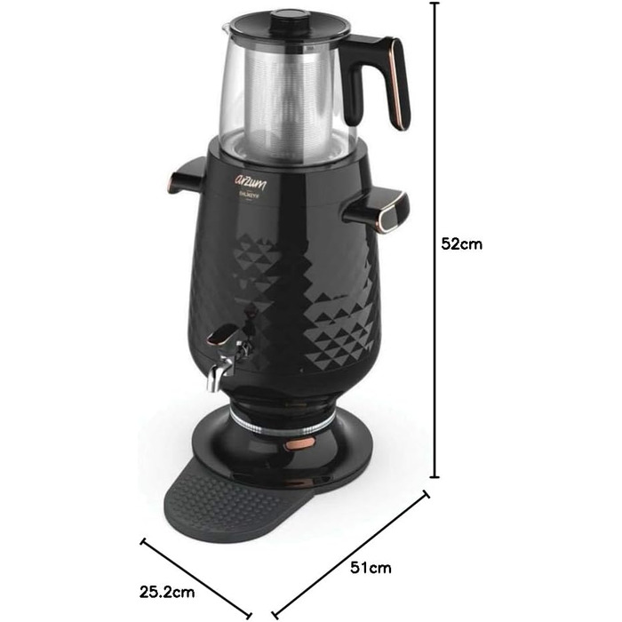 Арзум Ehlikeyf: Електричний турецький чайник, 2200W, 3.5L (водовар) / 1.2L (чайник), нержавіюча сталь, регулювання температури, захист від сухого кипіння, чорний