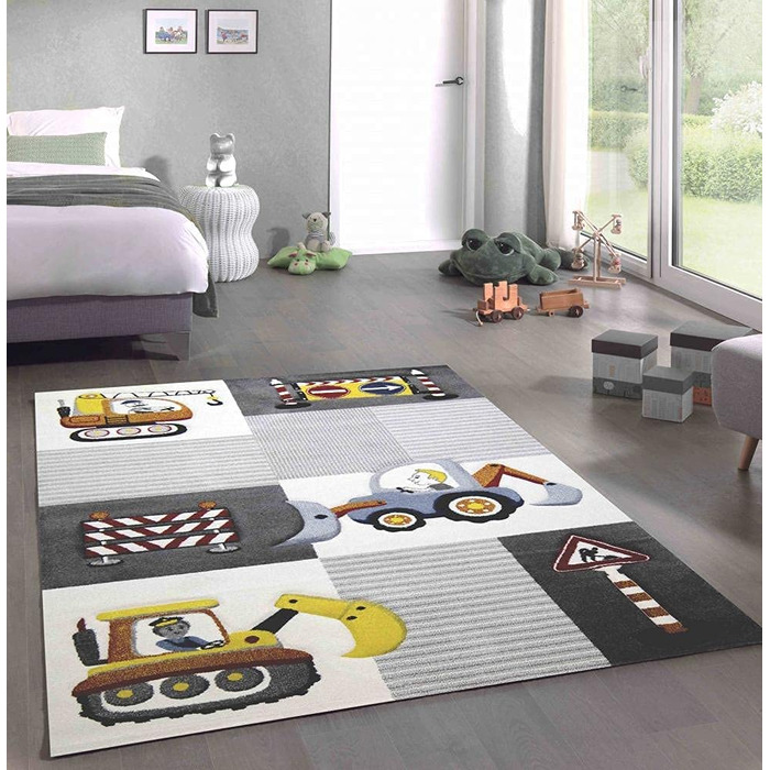 Килимок для ігор CARPETIA, дорожні знаки для дитячої кімнати, екскаваторний кран кремового сірого жовтого кольору (80x150 см), Розмір (80x150 см)