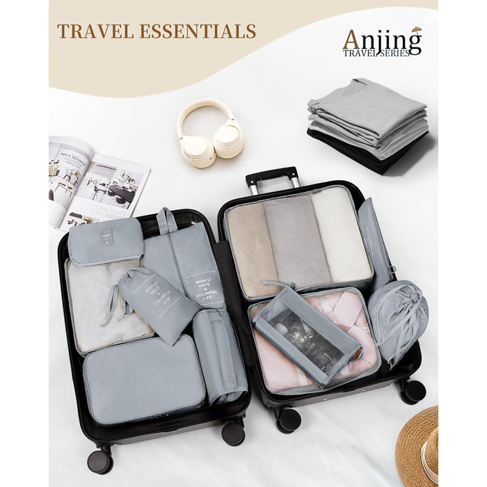 Набір органайзерів для подорожей Anjing (10 предметів), водонепроникні пакувальні куби для валізи, компактний набір для зберігання речей, темно-синій