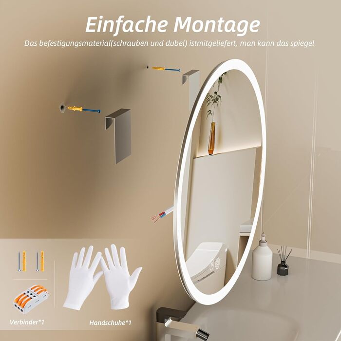 Дзеркало для ванної кімнати HySail з підсвічуванням, 5 мм, висока роздільна здатність, срібне покриття, 3 колірні температури, регульована яскравість, антизапарник, кругле, 60x60 см