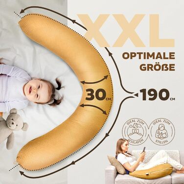 Подушка для вагітних Sei Design XXL з екологічної тканини Öko-Tex | Ергономічна подушка для сну та годування | Безшумна еластична наповнювач, чохол 100% бавовна (Musselin Bernstein, 190x30)