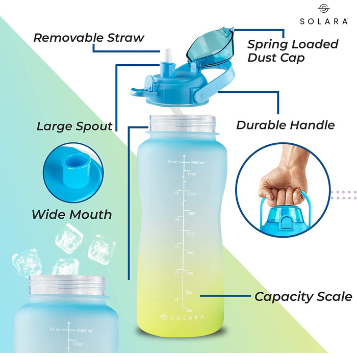 Пляшка для пиття SOLARA з соломкою / пляшка для пиття об'ємом 1 л з позначкою часу / пляшка для води Трітан об'ємом 1 л з позначкою часу герметична пляшка для води об'ємом 1000 мл з соломинкою, що не містить бісфенолу А (жовтий / синій, 2 літри)