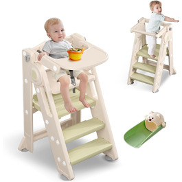 Зручний складаний навчальний столик-сходинка Hoopyosms для дітей, Montessori, регульована висота, для кухні, ванної кімнати та дитячої кімнати, мультифункціональний, від 1 року (зелений, 2-в-1)