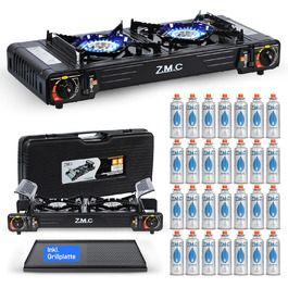 Преміум газовий набір для кемпінгу ZMC: 2-х пальниковий газовий нагрівач 2,5 кВт з п'єзозапалюванням та транспортним кейсом. Ідеально підходить для відпочинку на природі, балкону та дому. Включає гриль-плиту 45×24 см та 227г газові картриджі.