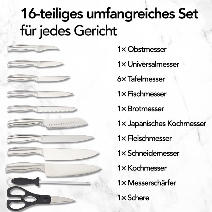 Набір ножів Brixy Messerset 16 предметів у блоці: ножі, шліфувальник, ножиці. Нержавіюча сталь, срібно-чорний колір, стійкий до подряпин.