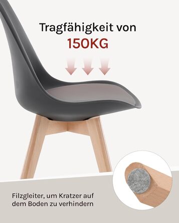 WOLTU Комплект з 4-х кухонних стільців, скандинавський дизайн, штучна шкіра, масивні дерев'яні ніжки, до 150 кг, сірий