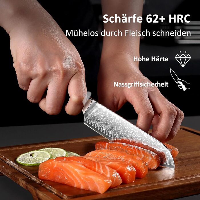 Японський ніж Santoku PAUDIN з дамаської сталі 13 см - професійний кухонний ніж для кухні, надзвичайно гострий, з ергономічною ручкою G10