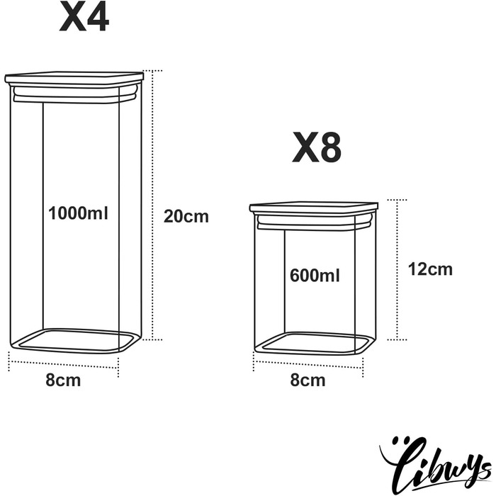Набір LIBWYS з 12 банок для зберігання з бамбуковою кришкою, квадратні, 2 розміри 1000 мл і 600 мл