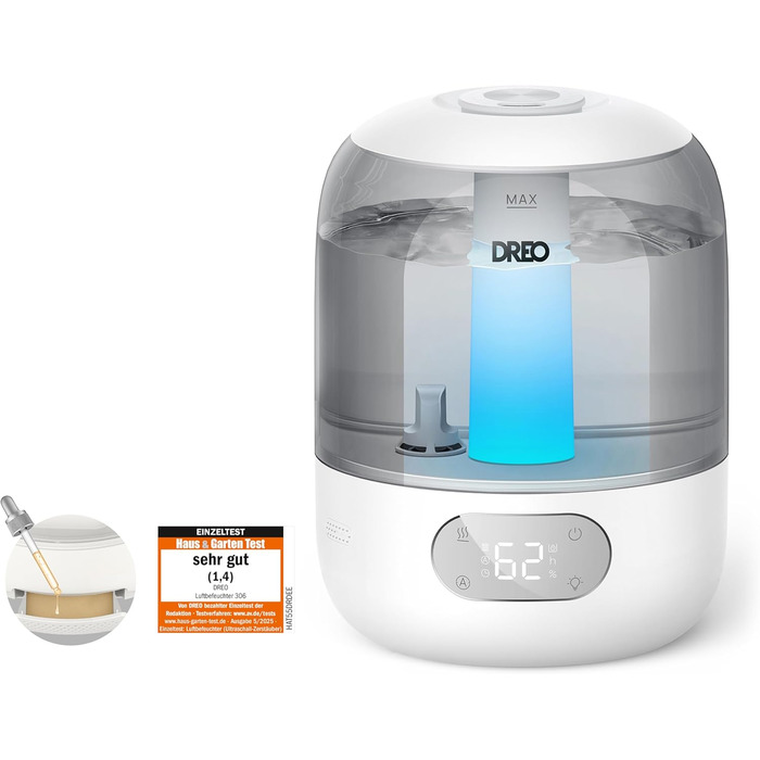 Зволожувач повітря Dreo для спальні, ультразвуковий холодний туман, 30 годин роботи, 3л резервуар, датчик вологості, нічник для дітей, кімнатних рослин та дому (Сірий)
