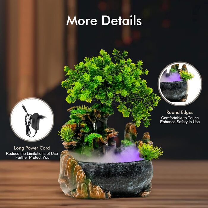 Декоративний настільний фонтан Charocean з LED підсвіткою та ефектом туману, для дому та офісу, з можливістю розміщення рослин