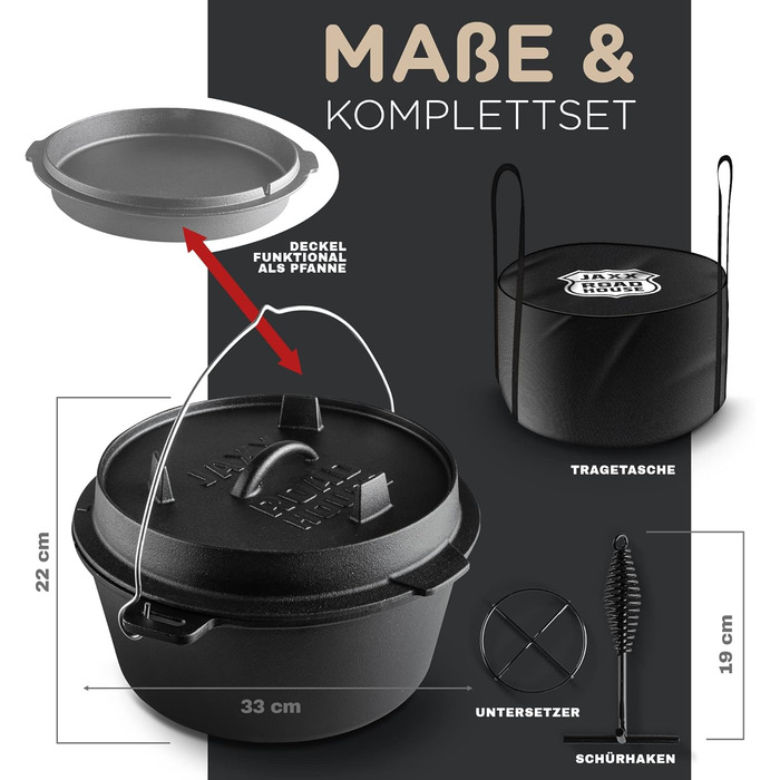 Чавунний казан JAXX Roadhouse Original Dutch Oven (9л) з кришкою, піднімачем та сумкою для перенесення, для відкритого вогню та плити