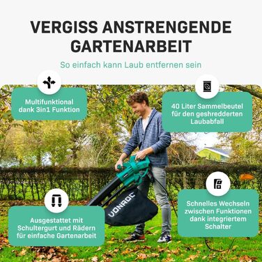 Електричний повітродув-пилосос VONROC 3300W 3-в-1 з функцією подрібнення листя та мішком для збору 40л