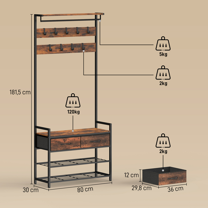Вішалка для одягу з гачками, лавка для взуття, індустріальний органайзер для передпокою, сталевий каркас, рустикально-коричневий