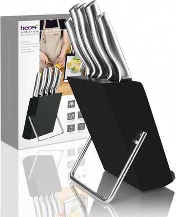 Набір ножів Hecef 6 предметів з підставкою, нержавіюча сталь, кухонні ножі, ергономічні ручки, подарункова коробка