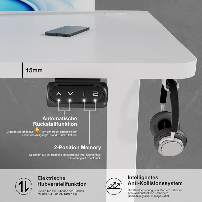 Електричний стіл Devoko 160x70 см, регульована висота, стійкий, з пам'яттю, для роботи та навчання (білий)