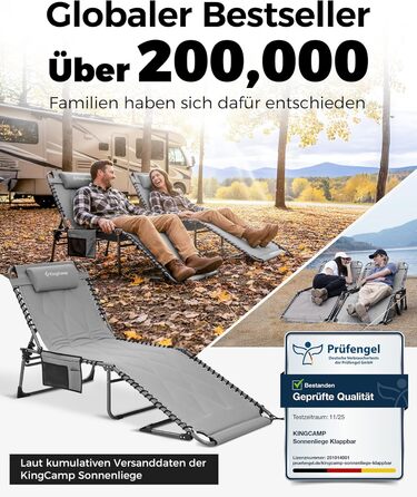 Лежак для відпочинку KingCamp великого розміру, складаний, 5 положень, для саду, кемпінгу, пляжу, з подушкою та кишенею, до 200 кг, 200 x 68 см, сірий