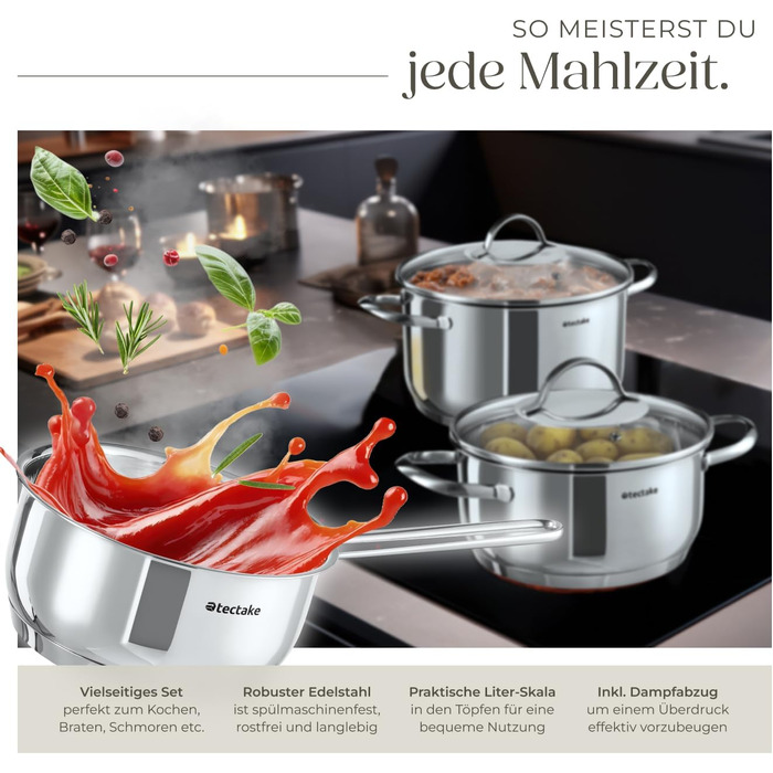 Набір каструль tectake® 9 предметів з нержавіючої сталі, посуд для плити (індукційна, газова, електрична), кухонний набір для дому та кемпінгу