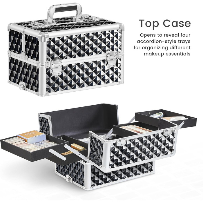 Ягетеч Косметичка-Тролі 4-в-1, Великий Косметичний Ящик для Макіяжу, Закривається на Замок, Багатофункціональний Ящик для Візажистів, Красота з Коліщатками та Висувною Шухлядою (Блискучий Чорний)