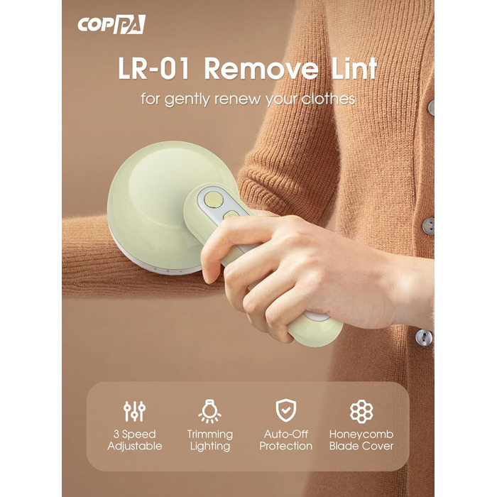 Електричний триммер для одягу COPPA, 6 лез, 3 швидкості, перезаряджається, з індикатором заряду, для пуловерів та одягу, білий (зелений)