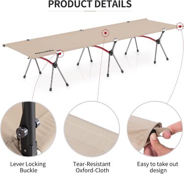 Польове ліжко Naturehike Ultralight: складане кемпінгове ліжко, витримує до 150 кг, регульована висота, бежеве