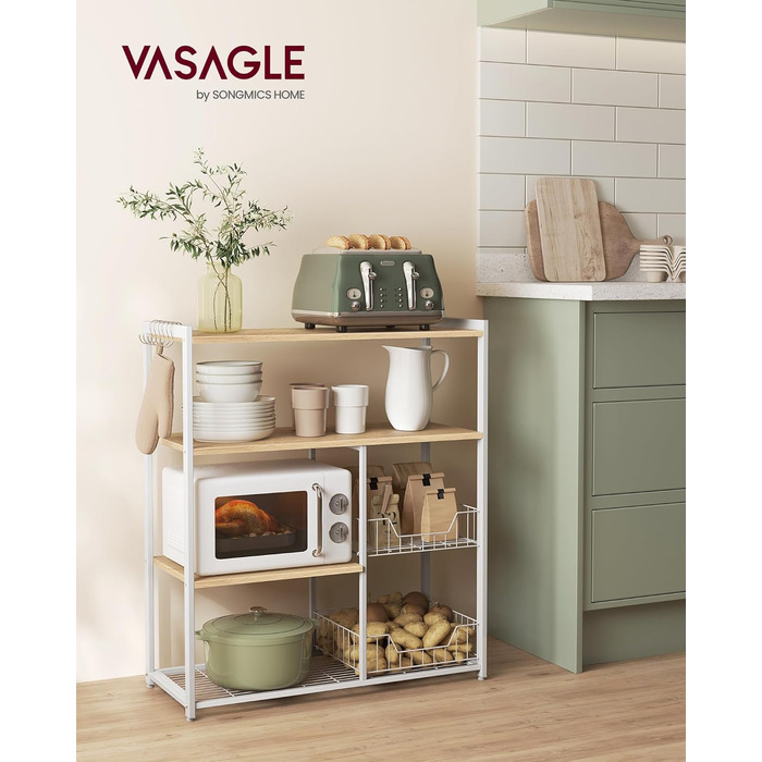 Стелаж кухонний VASAGLE з 2 металевими кошиками, рейли та полиці, для мікрохвильової печі, 35 x 80 x 93,5 см, золотий дуб + білий